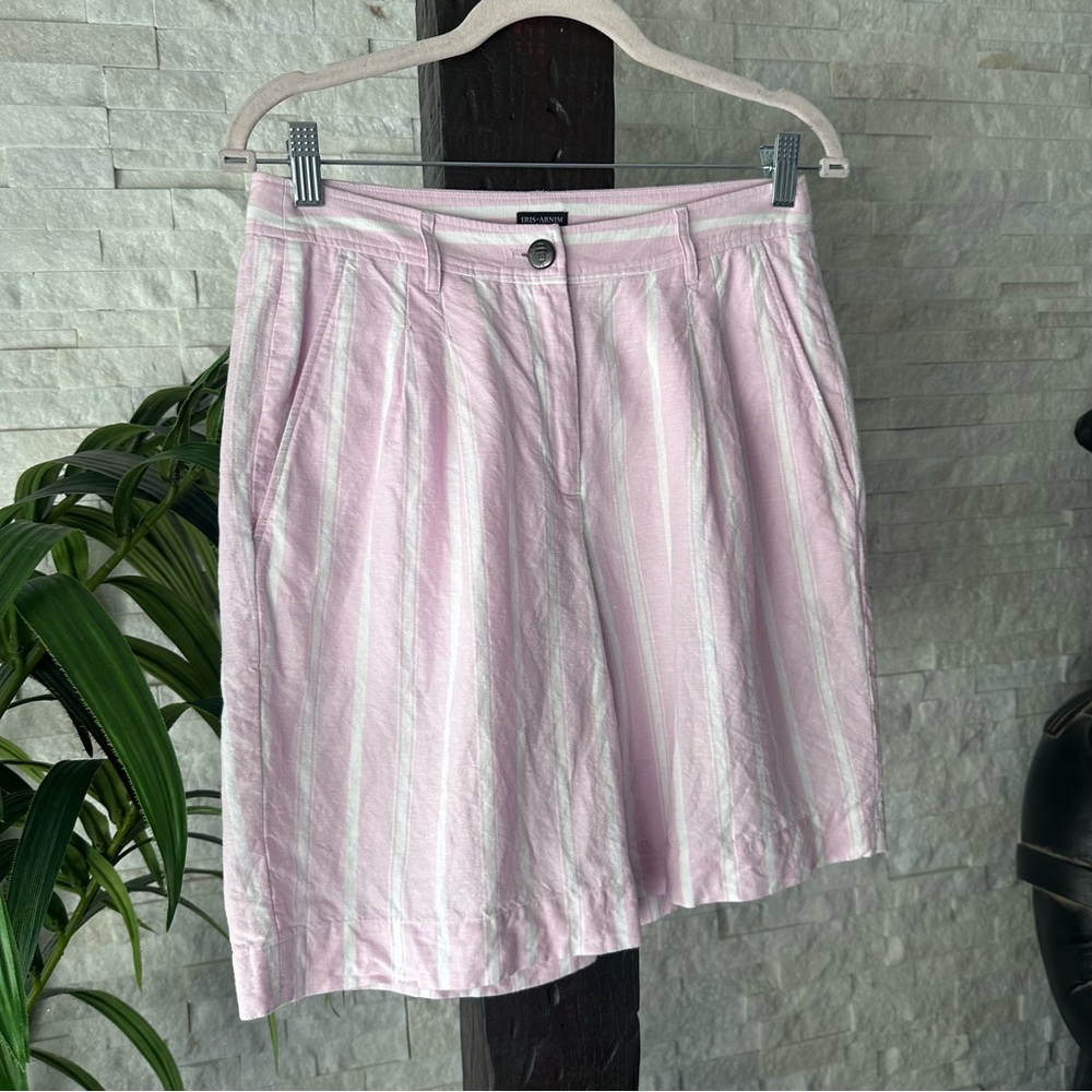 IRIS V ARNIM Linen Cotton Pastel Pleated Pink Bermuda Stripe Shorts Size 34 (M)